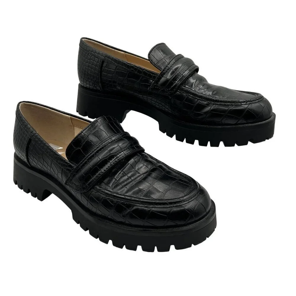 Nine West New Women 8.5 Black Croc-Embossed Chunky Lug Sole Slip On Loafers Y2K